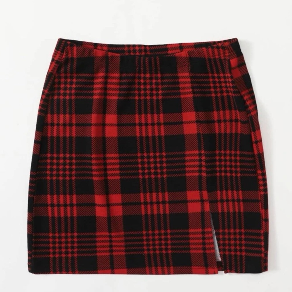 Brand New - Red Plaid Skirt With Slit - Size 8